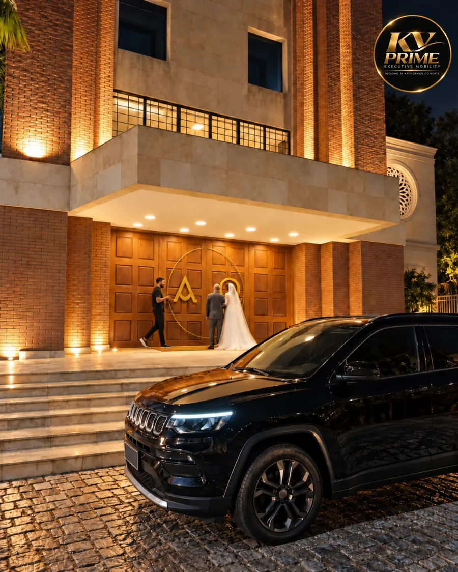 Mobilidade corporativa — chegada executiva a hotel e evento com Jeep Compass preto