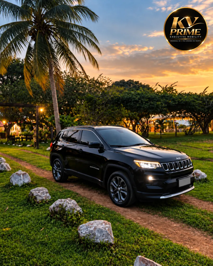 Jeep Compass preto blackout da KV PRIME em jardim tropical ao pôr do sol
